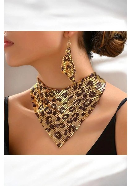 Şal Model Leopar Zırh Metal Tasarım Kolye Küpe Set