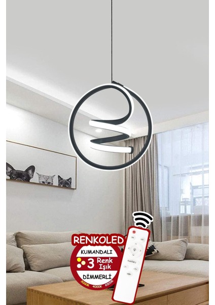 Kumandalı 3 Renk Modern Sarkıt LED Avize Siyah Kasa