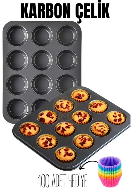 12 Li Muffin Kalıbı Teflon Çelik 100 Muffin Kağıtlı