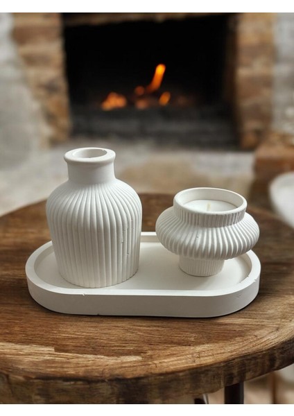 3 Lü Çizgili Dekoratif Vazo Set