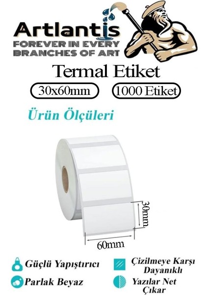 30X60 mm Barkod Etiketi Yapışkanlı 6 Adet Rulo Etiket Termal Barkot Terazi Etiketi 1000 Li Barkod Yazıcılarına Uyumludur
