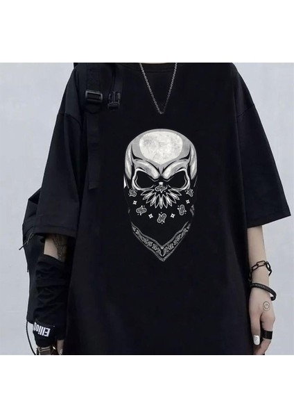 Gang Skull Baskılı Siyah Unisex Oversize T-Shirt
