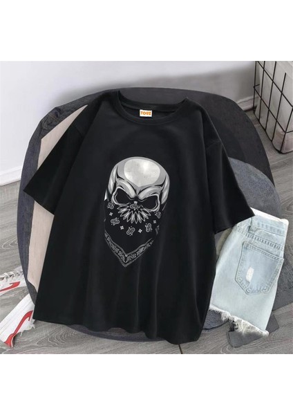 Gang Skull Baskılı Siyah Unisex Oversize T-Shirt