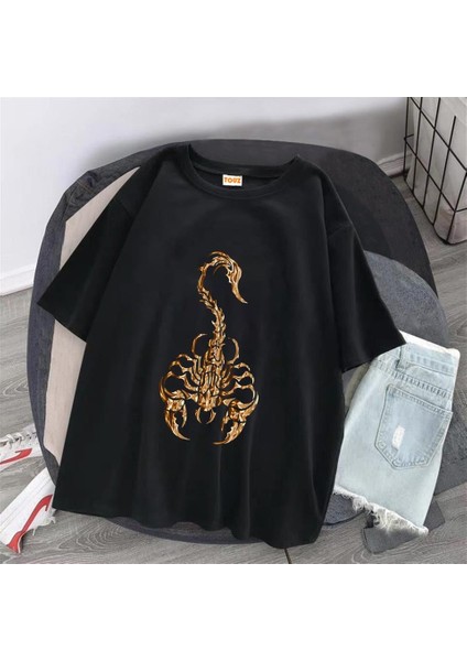 Gothic Scorpion Baskılı Siyah Oversize T-Shirt