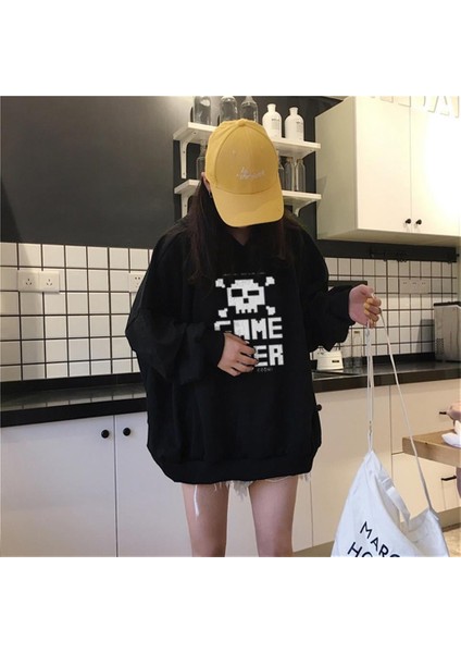 Game Over Baskılı Siyah Unisex Oversize Kapüşonlu Sweatshirt