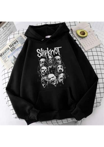 Slipknot Skulls Baskılı Siyah Unisex Oversize Kapüşonlu Sweatshirt