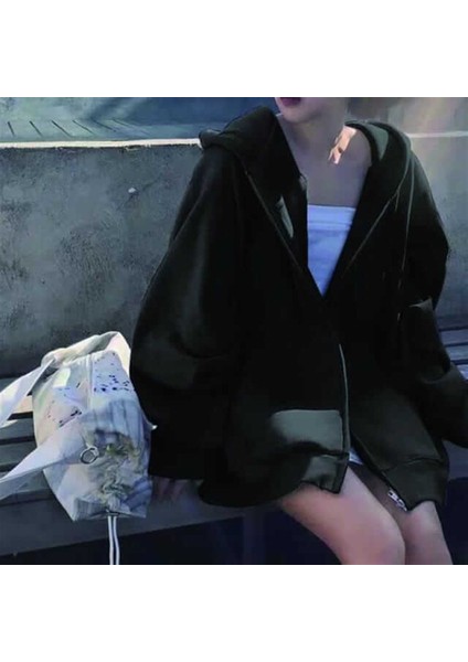 Sokak Tarzı Düz Oversize Siyah Unisex Kapşonlu Hırka