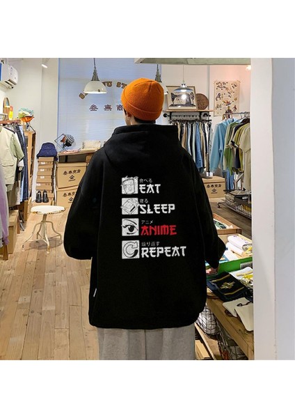 Eat Sleep Anime Repeat Sırt Baskılı Siyah Unisex Oversize Kapüşonlu Sweatshirt