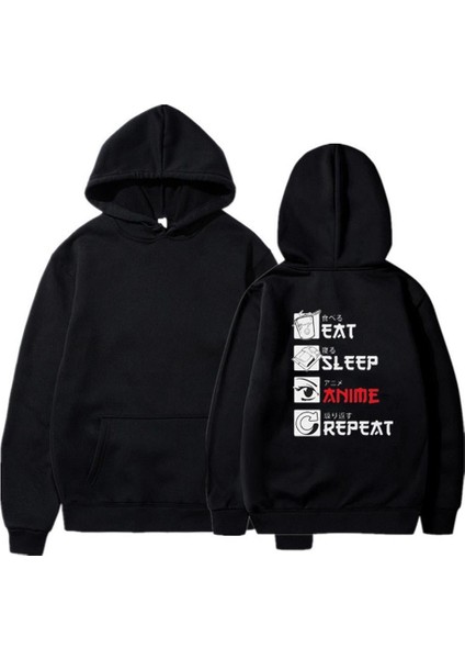 Eat Sleep Anime Repeat Sırt Baskılı Siyah Unisex Oversize Kapüşonlu Sweatshirt