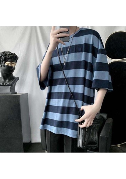 Mavi Siyah Çizgili Unisex Oversize T-Shirt