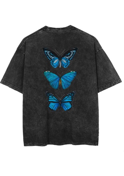 Triple Blue Butterfly Sırt Baskılı Eskitme T-Shirt