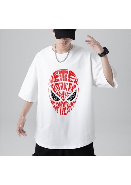 Spider-Man Head Baskılı Beyaz Unisex Oversize T-Shirt