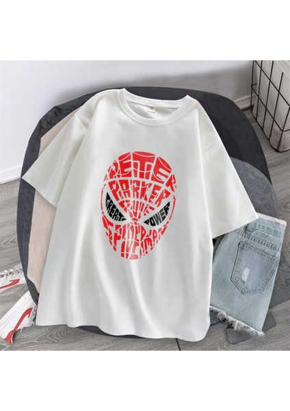 Spider-Man Head Baskılı Beyaz Unisex Oversize T-Shirt