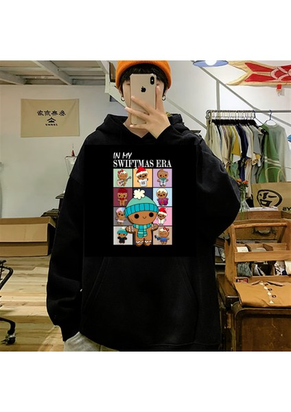 Christmas Candy Two Baskılı Siyah Unisex Oversize Kapüşonlu Sweatshirt
