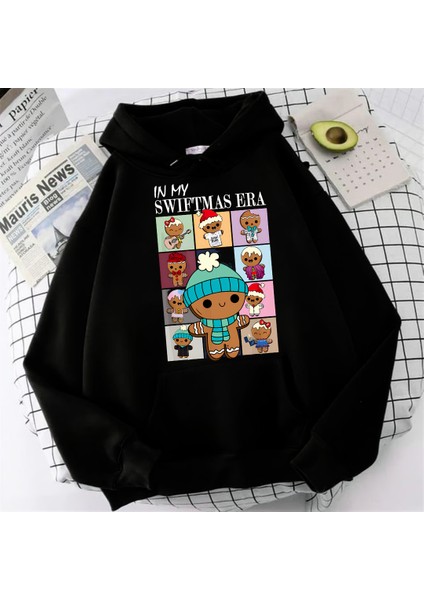 Christmas Candy Two Baskılı Siyah Unisex Oversize Kapüşonlu Sweatshirt