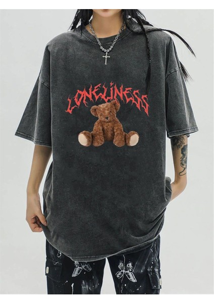 Yıkamalı 'loneliness' Bear Eskitme T-Shirt