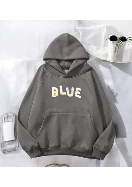 Blue Antrasit Baskılı Kapşonlu Sweatshirt