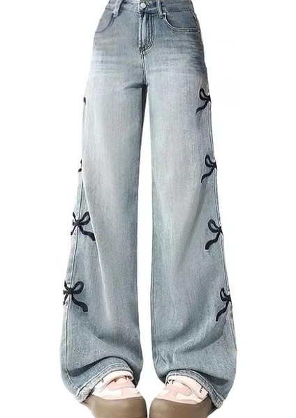 Y2K Ribbon Detail Bol Paça Yıkamalı Pantolon Jean