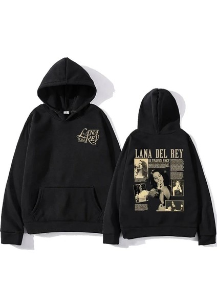 Lana Del Rey Baskılı Siyah Kapşonlu Sweatshirt