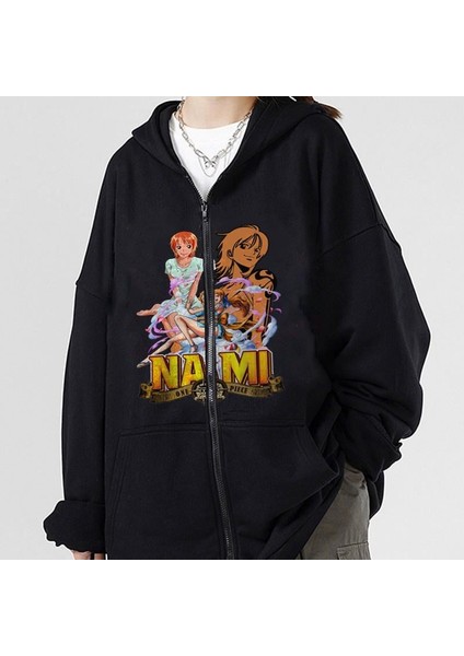 One Piece Nami Baskılı Oversize Fermuarlı Siyah Unisex Kapüşonlu Hırka
