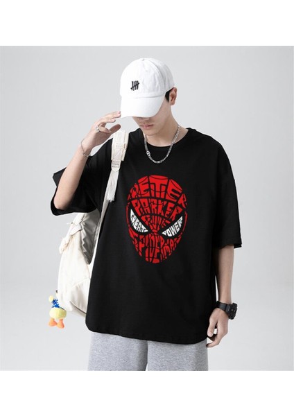 Spider-Man Head Baskılı Siyah Unisex Oversize T-Shirt
