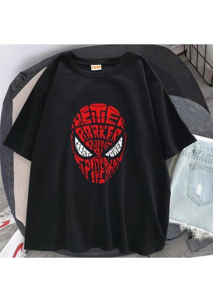 Spider-Man Head Baskılı Siyah Unisex Oversize T-Shirt