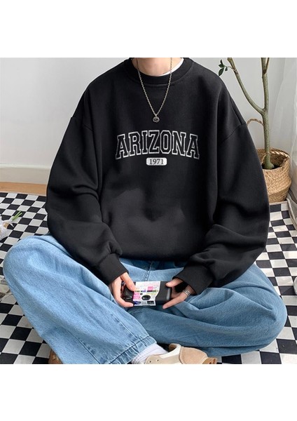 Arizona Baskılı Siyah Unisex Oversize Bisiklet Yaka Sweatshirt
