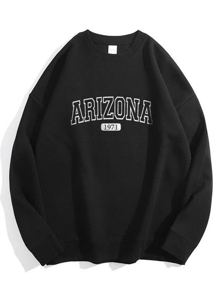 Arizona Baskılı Siyah Unisex Oversize Bisiklet Yaka Sweatshirt