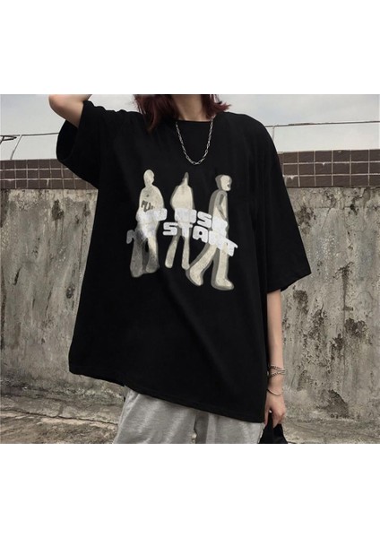No Rise No Start Baskılı Siyah Unisex Oversize T-Shirt
