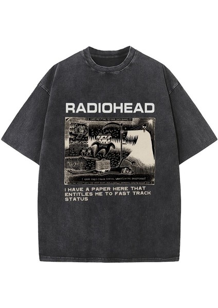 Yıkamalı Radiohead Baskılı Oversize Vintage Eskitme T-Shirt