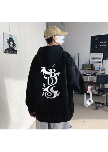 Black Dragon Sırt Baskılı Siyah Unisex Oversize Kapüşonlu Sweatshirt