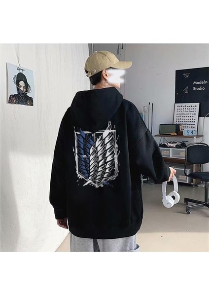 Attack On Titan New Logo Sırt Baskılı Siyah Unisex Oversize Kapüşonlu Sweatshirt
