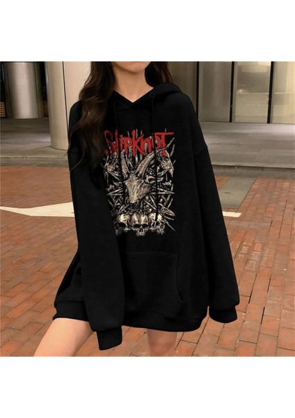 Slipknot Goat Skulls Baskılı Siyah Unisex Oversize Kapüşonlu Sweatshirt