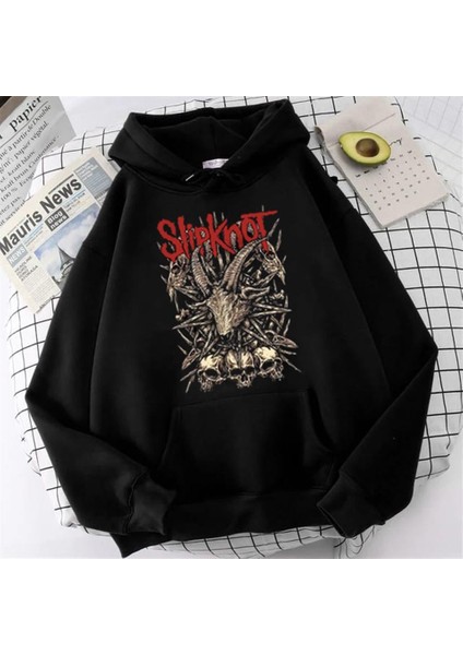 Slipknot Goat Skulls Baskılı Siyah Unisex Oversize Kapüşonlu Sweatshirt