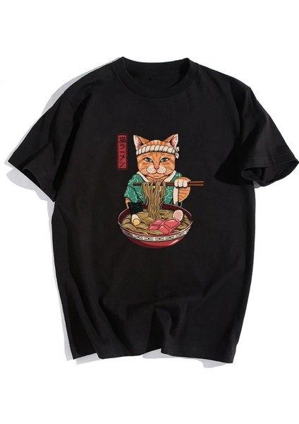 Samurai Cat Spaghetti Siyah Oversize T-Shirt