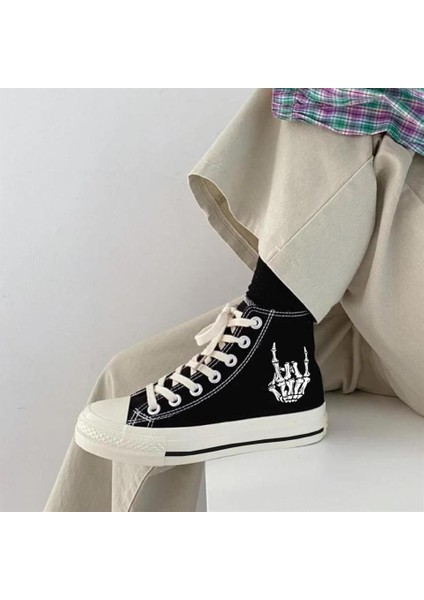 Skeleton Hand Baskılı Siyah Unisex Kanvas Ayakkabı