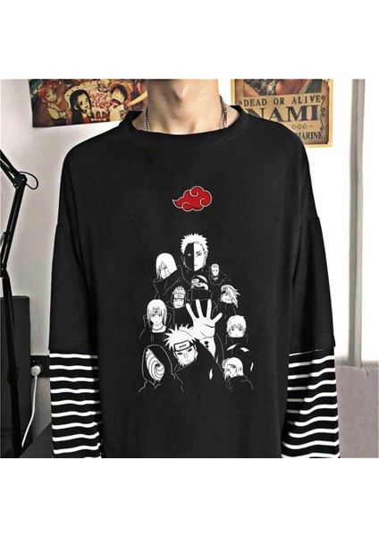 Naruto - Uchihas Baskılı Fake Sleeves Siyah T-Shirt