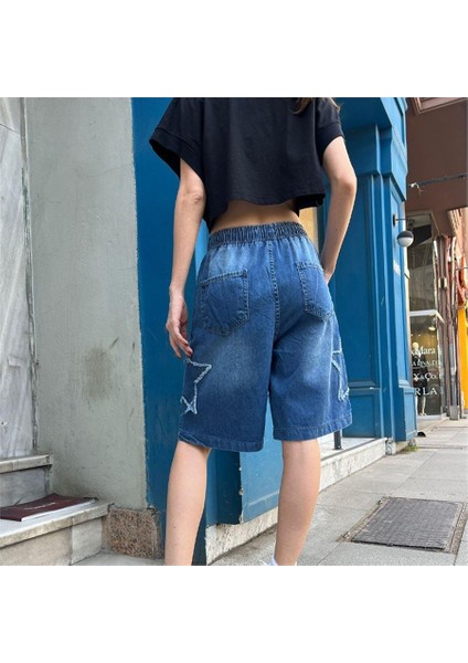 Star Patch Detay Streetwear Yıkamalı Kot Kısa Şort