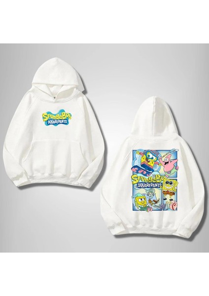 Spongebob Friends Ön Arka Baskılı Beyaz Kapşonlu Sweatshirt