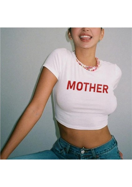 Mother Baskılı Beyaz Crop