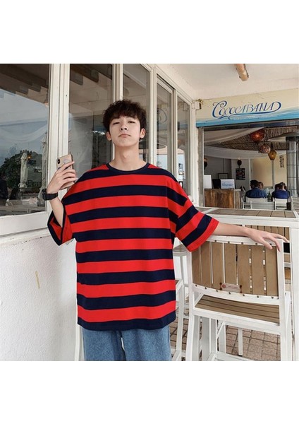 Kırmızı Siyah Çizgili Unisex Oversize T-Shirt