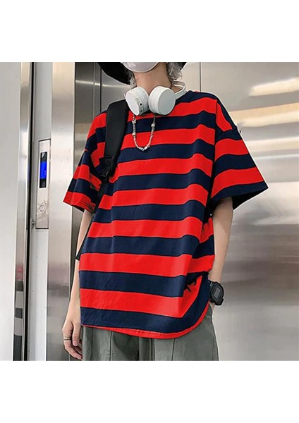 Kırmızı Siyah Çizgili Unisex Oversize T-Shirt