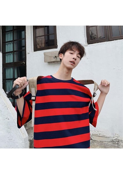 Kırmızı Siyah Çizgili Unisex Oversize T-Shirt