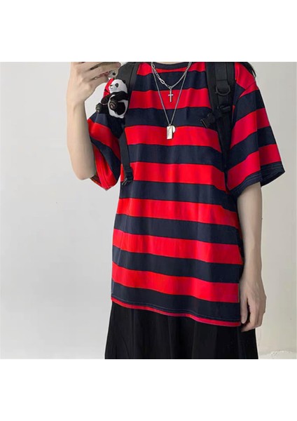 Kırmızı Siyah Çizgili Unisex Oversize T-Shirt
