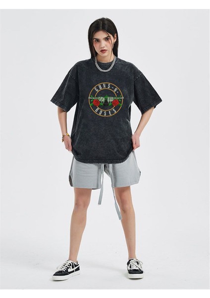 Rock Serisi Yıkamalı Guns N' Roses Eskitme T-Shirt