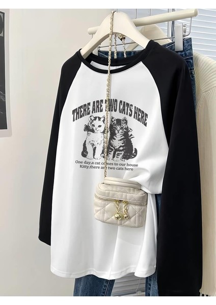Vintage Reglan Uzun Kollu Sevimli Kedi Baskılı Beyaz T-Shirt fiyatları