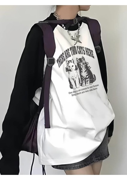 Vintage Reglan Uzun Kollu Sevimli Kedi Baskılı Beyaz T-Shirt modelleri