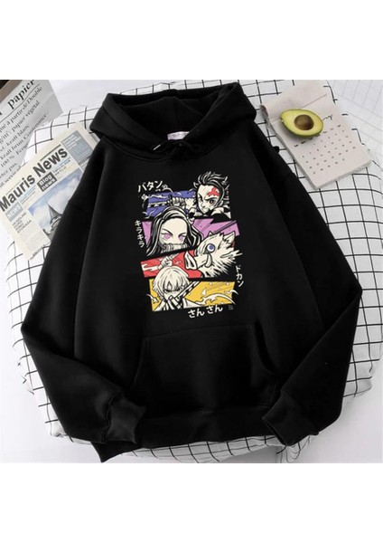 Demon Slayer Squad Baskılı Siyah Unisex Oversize Kapüşonlu Sweatshirt