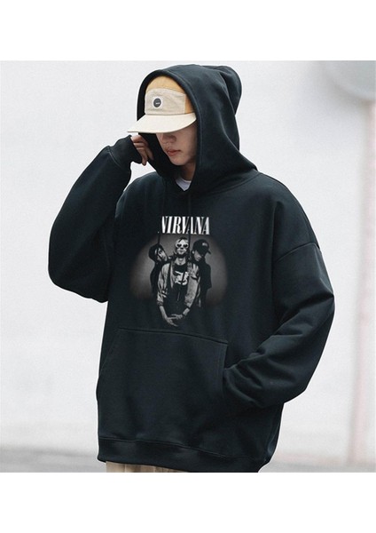 Nirvana Artists Baskılı Siyah Unisex Oversize Kapüşonlu Sweatshirt