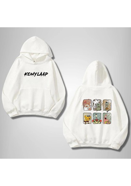 Spongebob Ön Arka Baskılı Beyaz Kapşonlu Sweatshirt